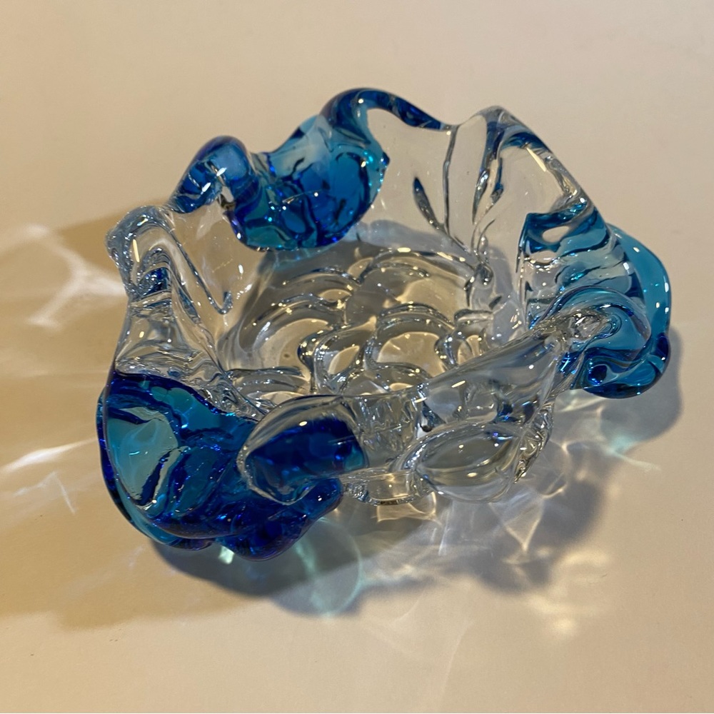 Clear/Blue cigar ashtray possibly Murano glass, handmade good condition see note